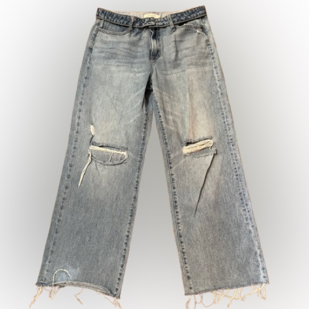 Hidden Fold Over Waist Wide Leg Distressed Denim Blue Jeans Size 30